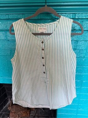 White Tank Top with Teal Stripe Button Front